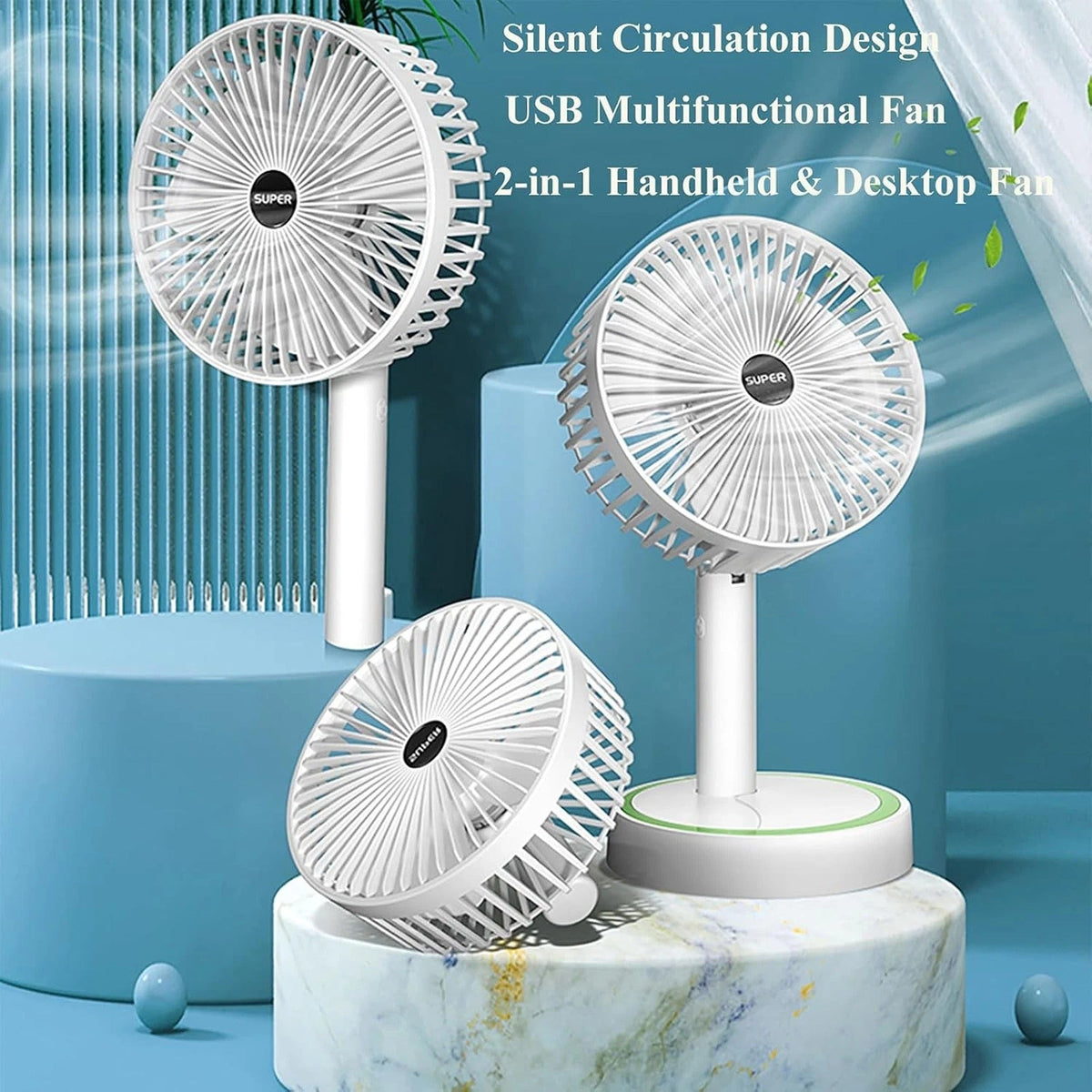 2 in 1 Handheld and Desk Fan USB Rechargeable Foldable Quiet Cooling Fan