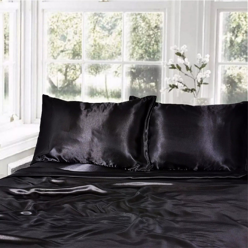 1000TC Silk Satin Sheet Set Fitted Flat Pillowcase KS SIngle Double Queen King - Black