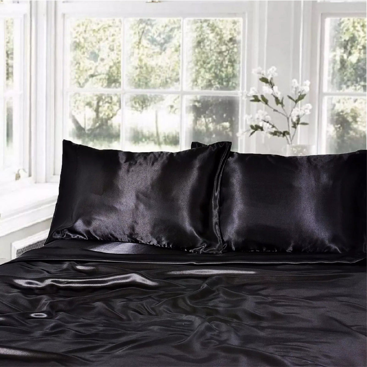 1000TC Silk Satin Sheet Set Fitted Flat Pillowcase KS SIngle Double Queen King - Black