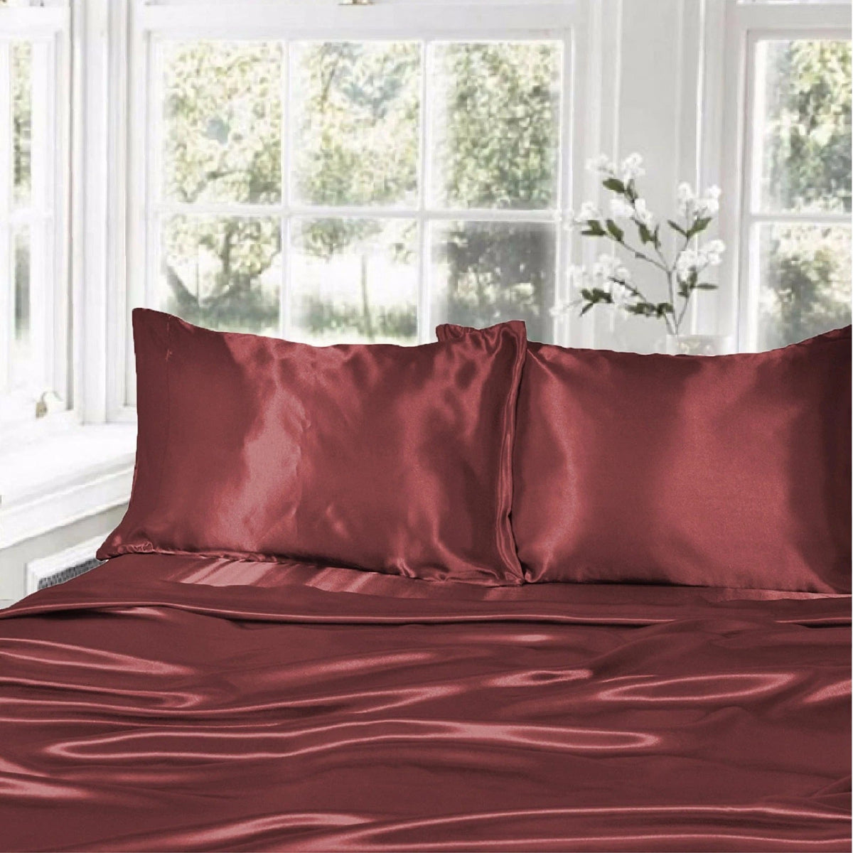 1000TC Silk Satin Sheet Set Fitted Flat Pillowcase KS SIngle Double Queen King - Burgundy