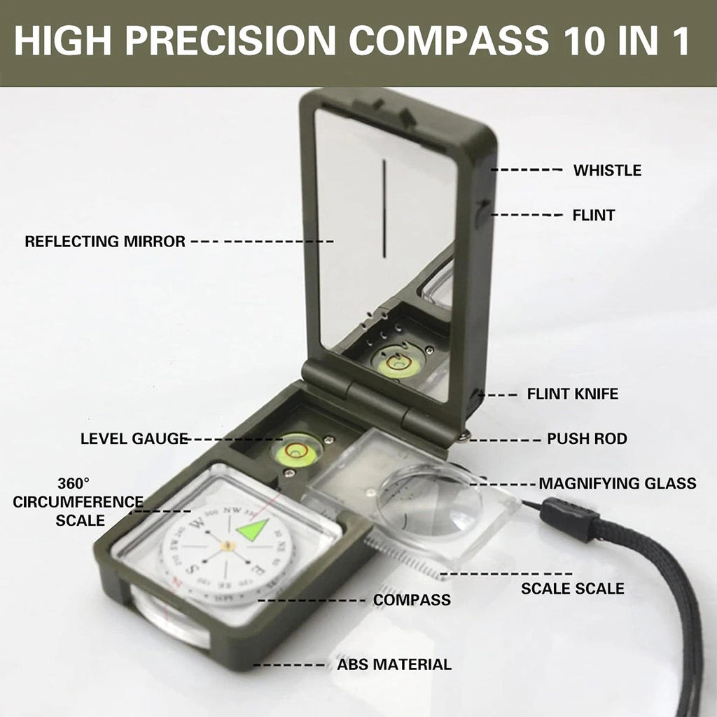 10 in 1 Outdoor Compass for Hiking Camping and Navigation