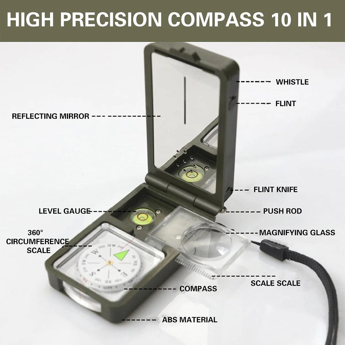 10 in 1 Outdoor Compass for Hiking Camping and Navigation