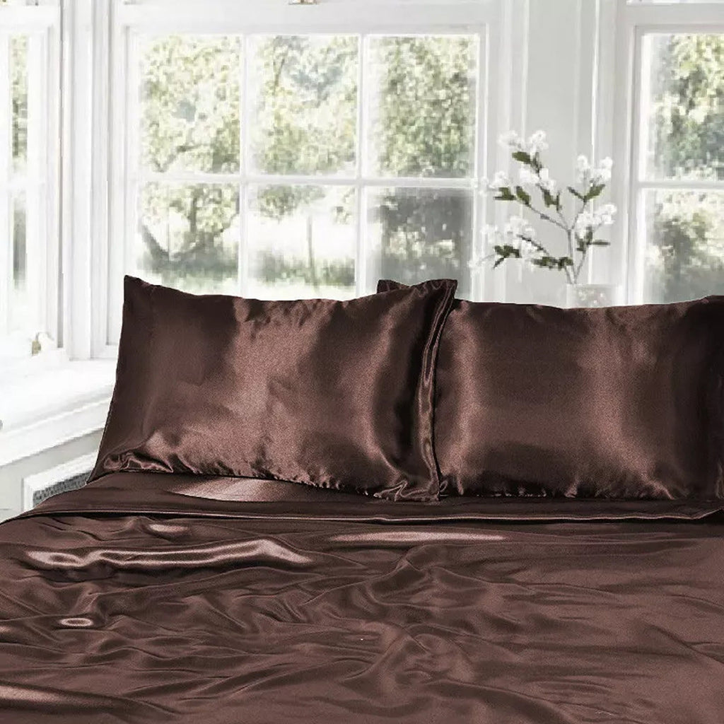 1000TC Silk Satin Sheet Set Fitted Flat Pillowcase KS SIngle Double Queen King - Chocolate