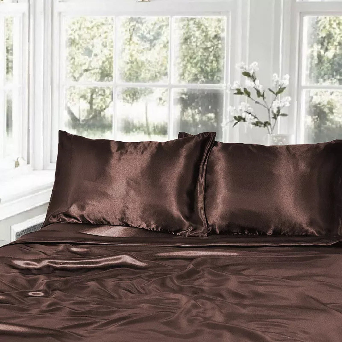 1000TC Silk Satin Sheet Set Fitted Flat Pillowcase KS SIngle Double Queen King - Chocolate