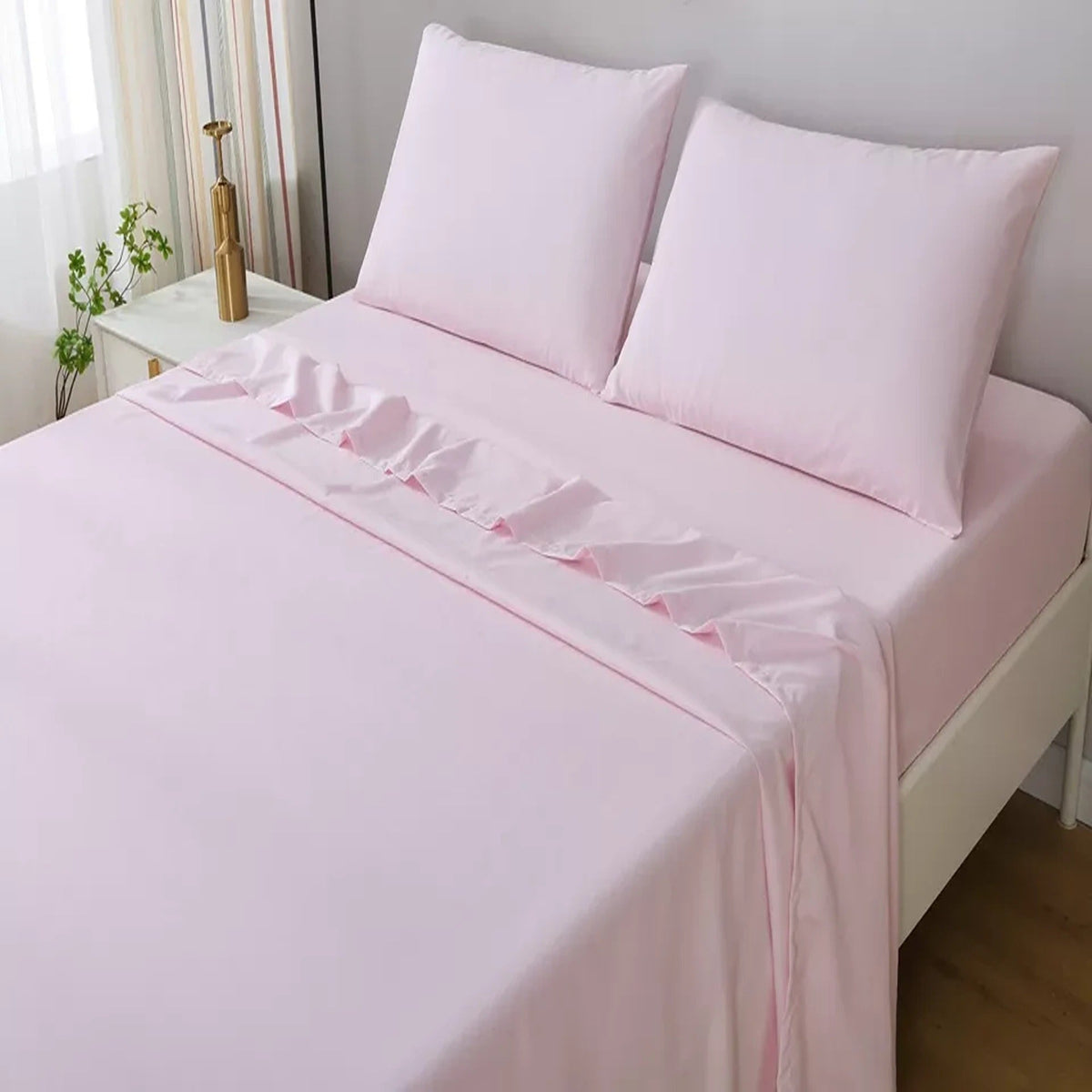 2000TC Flat Fitted Sheet and Pillowcase Set for S KS D Queen King - Light Pink