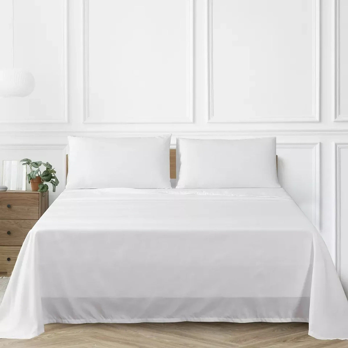 2000TC Flat Fitted Sheet and Pillowcase Set for S KS D Queen King - White