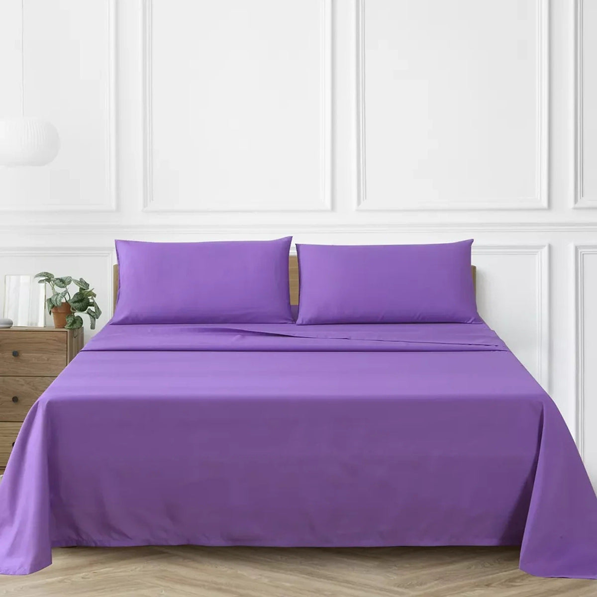 2000TC Flat Fitted Sheet and Pillowcase Set for S KS D Queen King - Purple