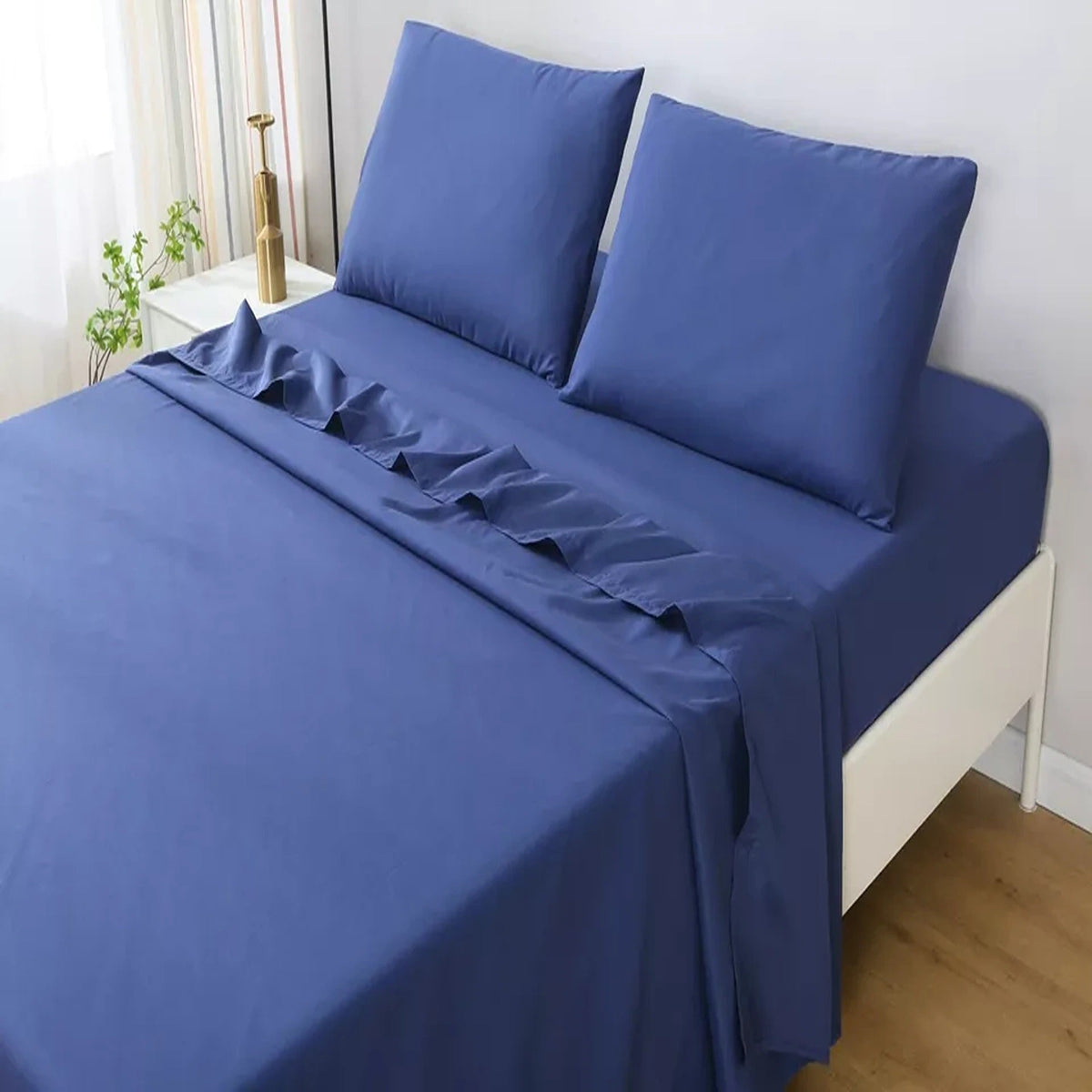 2000TC Flat Fitted Sheet and Pillowcase Set for S KS D Queen King - Navy