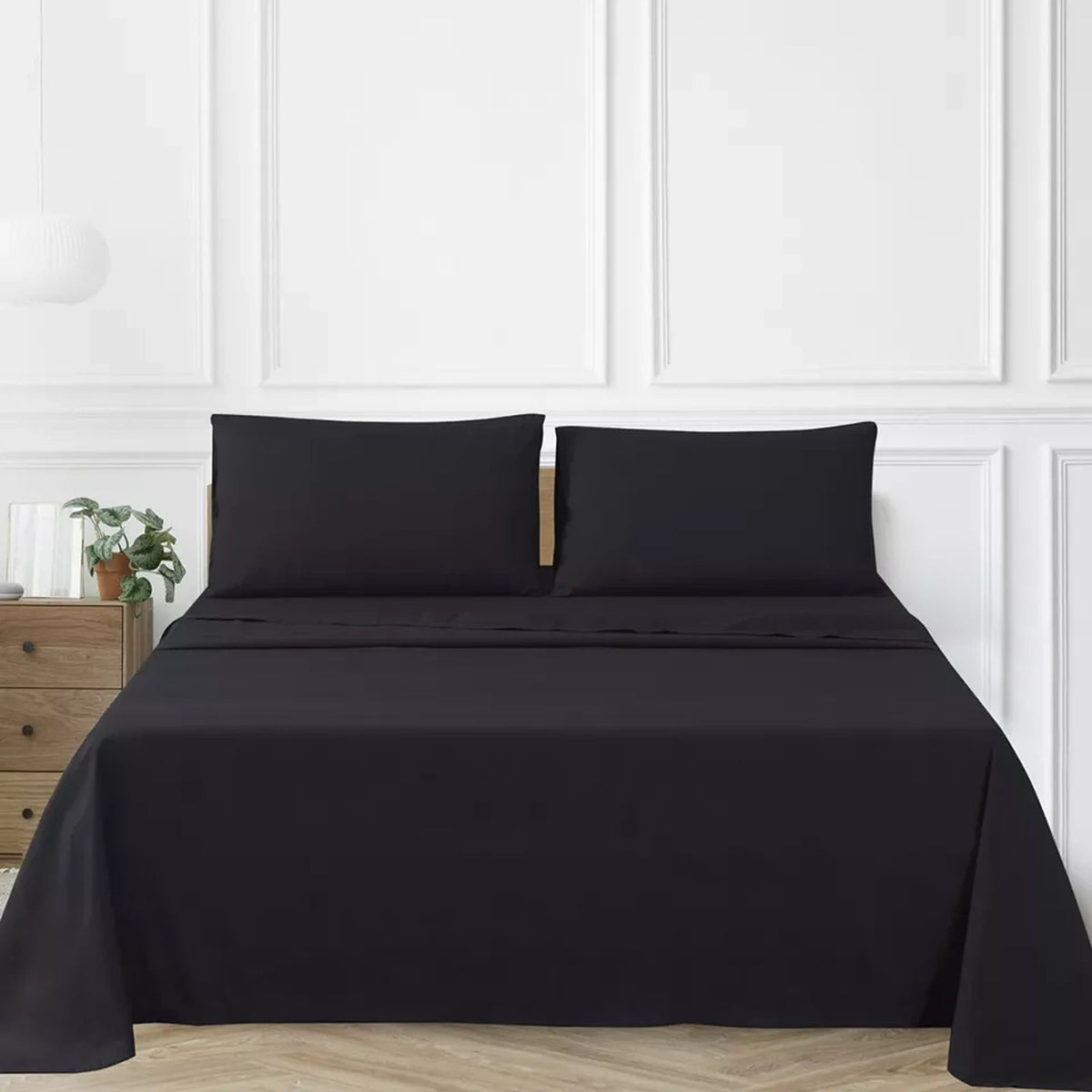 2000TC Flat Fitted Sheet and Pillowcase Set for S KS D Queen King - Black
