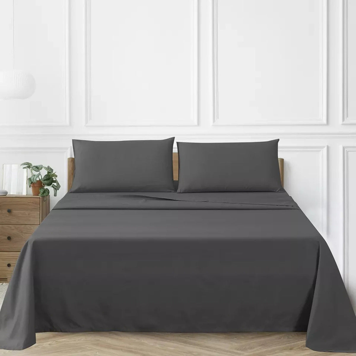 2000TC Flat Fitted Sheet and Pillowcase Set for S KS D Queen King - Dark Grey