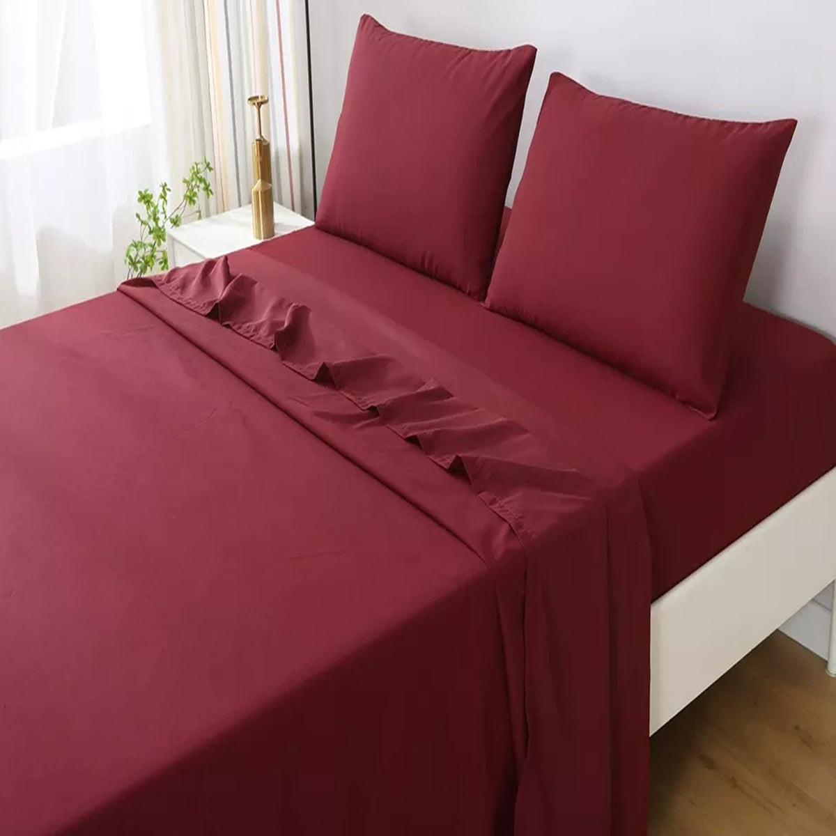 2000TC Flat Fitted Sheet and Pillowcase Set for S KS D Queen King - Burgundy