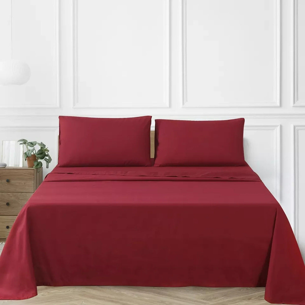 2000TC Flat Fitted Sheet and Pillowcase Set for S KS D Queen King - Burgundy
