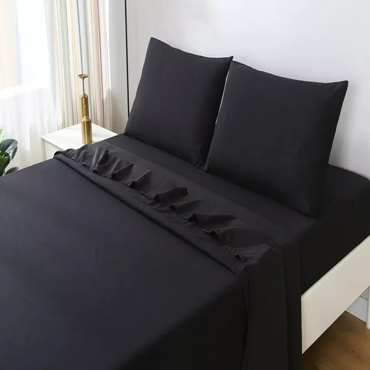 2000TC Flat Fitted Sheet and Pillowcase Set for S KS D Queen King - Black