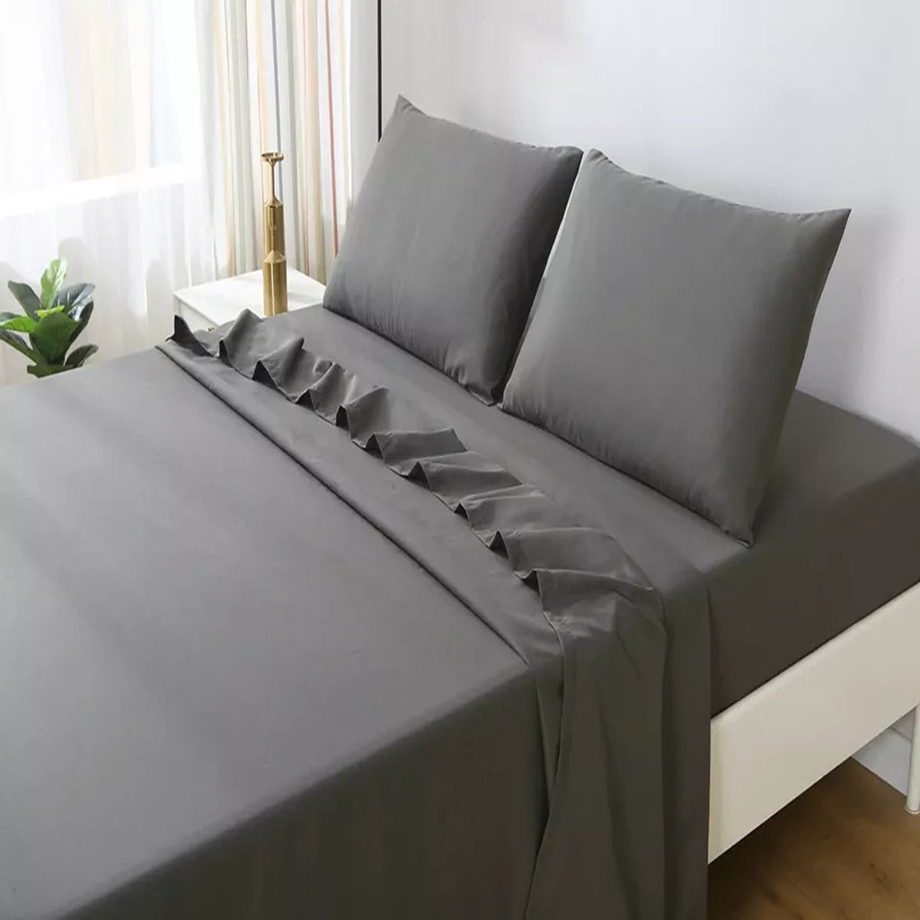 2000TC Flat Fitted Sheet and Pillowcase Set for S KS D Queen King - Dark Grey