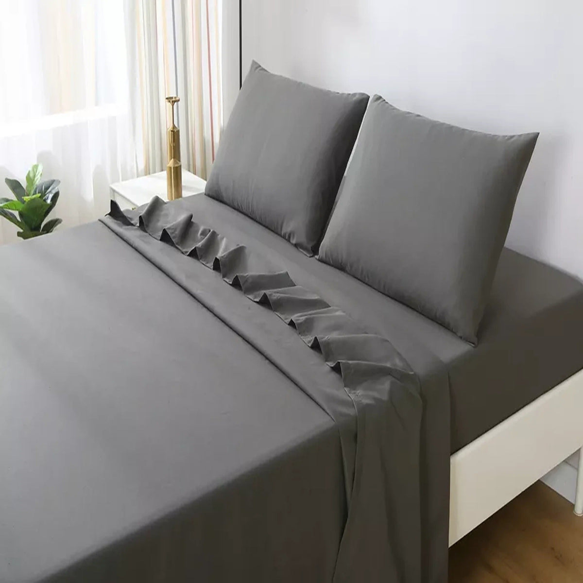 2000TC Flat Fitted Sheet and Pillowcase Set for S KS D Queen King - Dark Grey