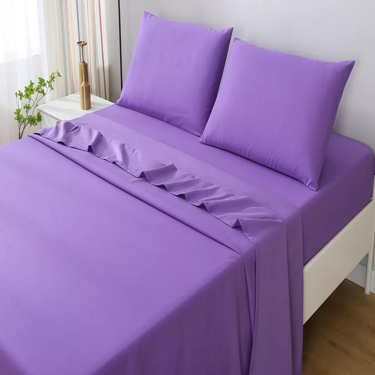 2000TC Flat Fitted Sheet and Pillowcase Set for S KS D Queen King - Purple
