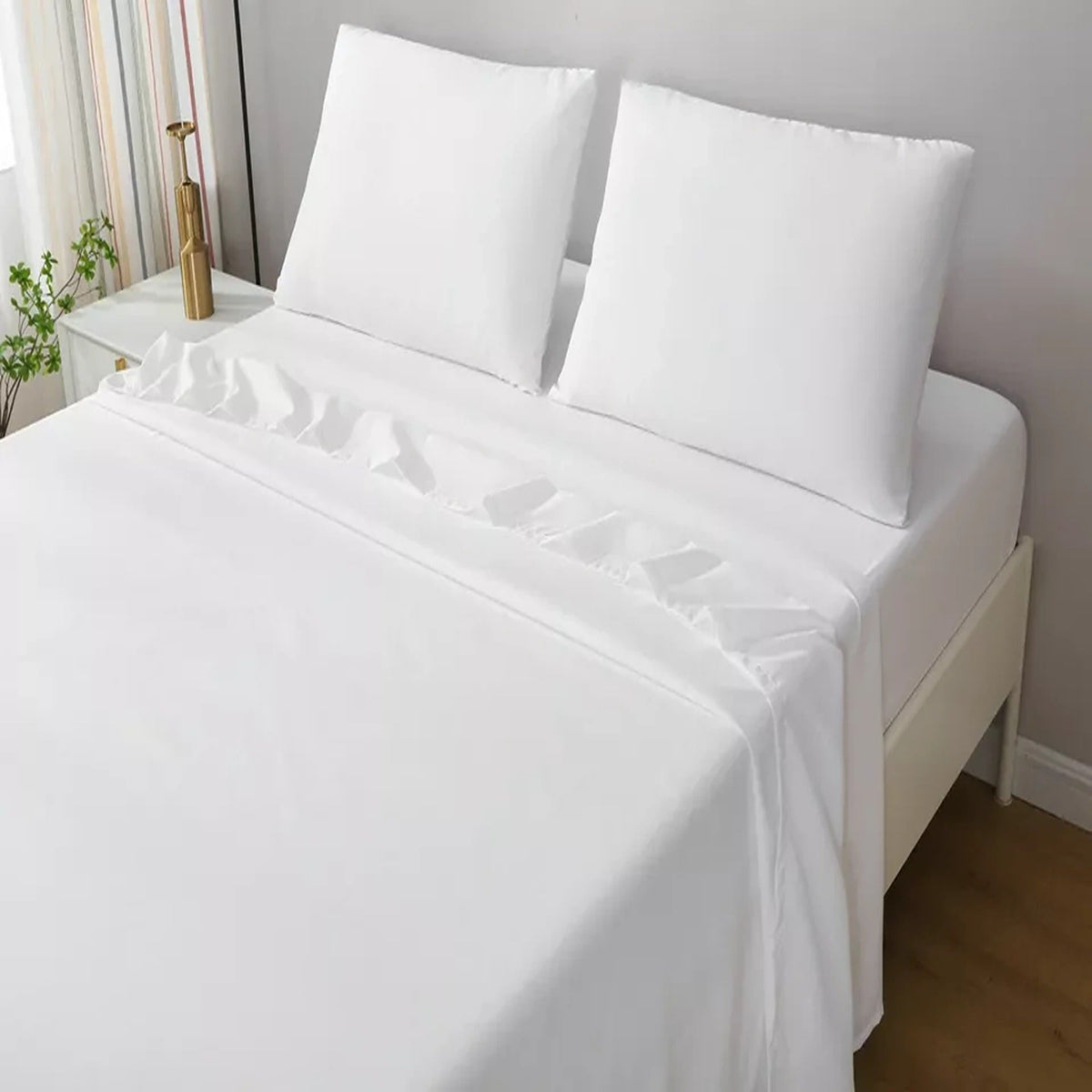 2000TC Flat Fitted Sheet and Pillowcase Set for S KS D Queen King - White