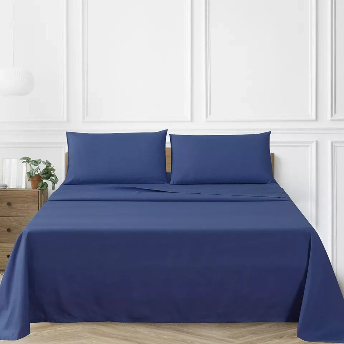 2000TC Flat Fitted Sheet and Pillowcase Set for S KS D Queen King - Navy